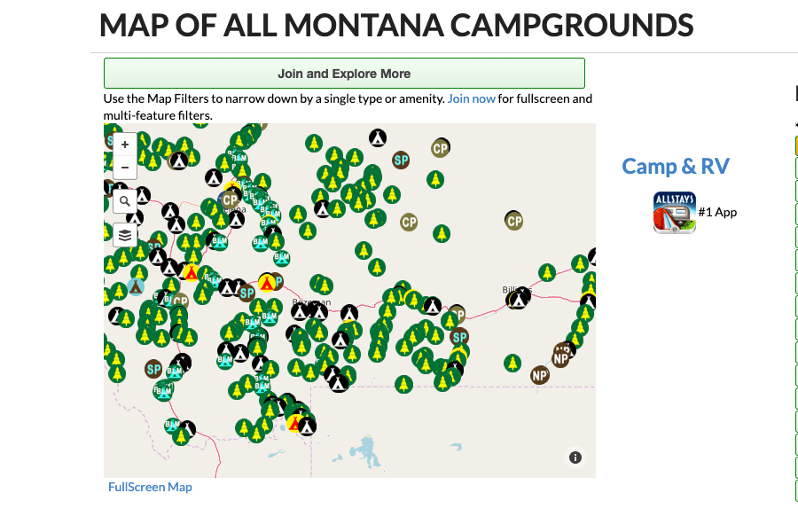 Screenshot from the desktop version of Allstays showing potential free campsites near Bozeman.