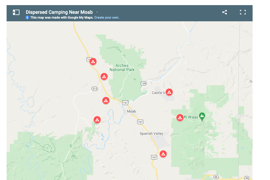 Screenshot of Google Map of dispersed campsites near Moab from Campnado.