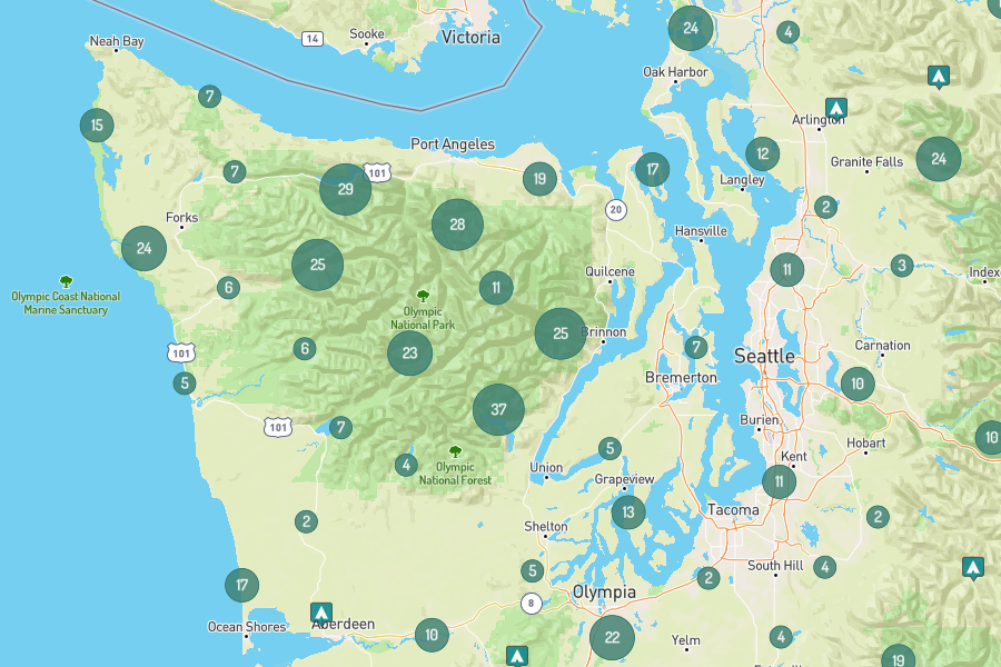 Screenshot from the desktop version of The Dyrt showing potential free campsites on the Olympic Peninsula.