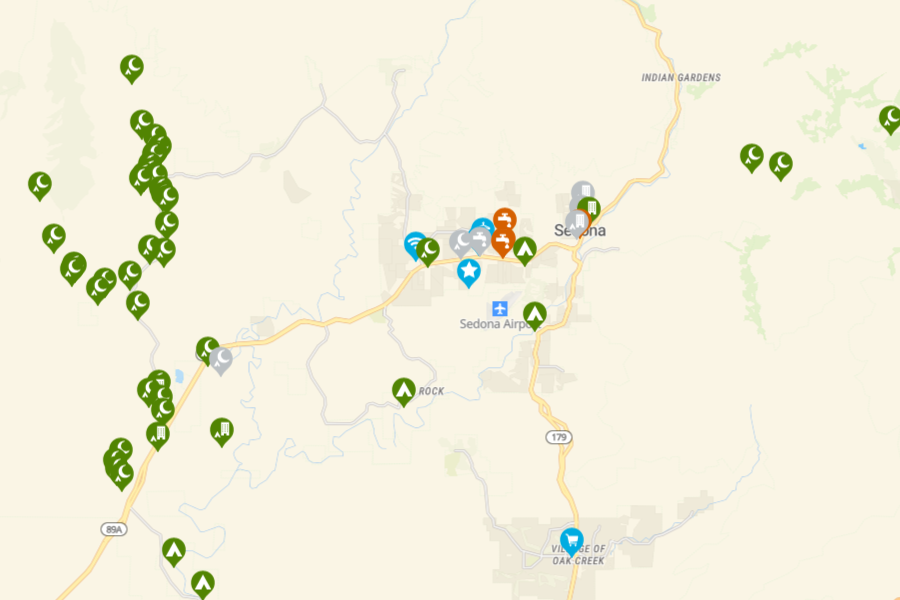 Screenshot of free campsites near Sedona from the desktop version of iOverlander.