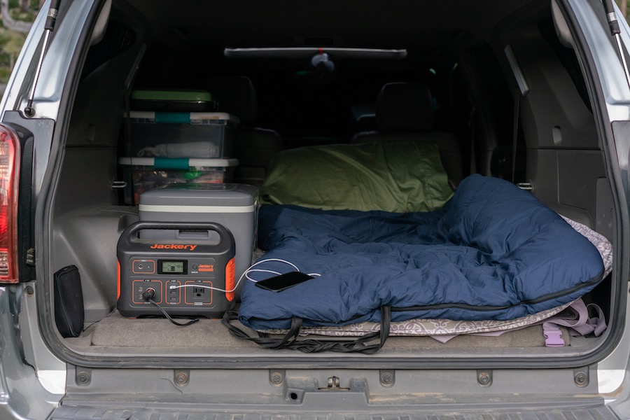 Jackery Explorer 500 portable power station in the back of a Toyota 4Runner set up for dispersed camping