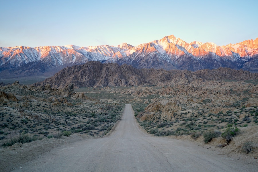 Unpaved road running through Alabama Hills in the new designated dispersed camping area.