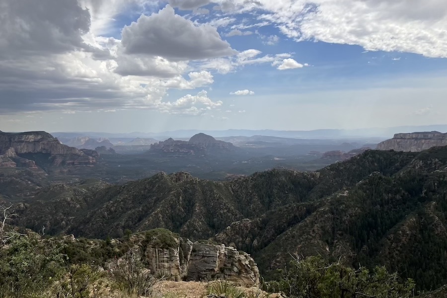 View of the Red Rock Secret Mountain Wilderness and the town of Sedona from the Edge of the World dispersed campsite in Coconino National Forest near Flagstaff.