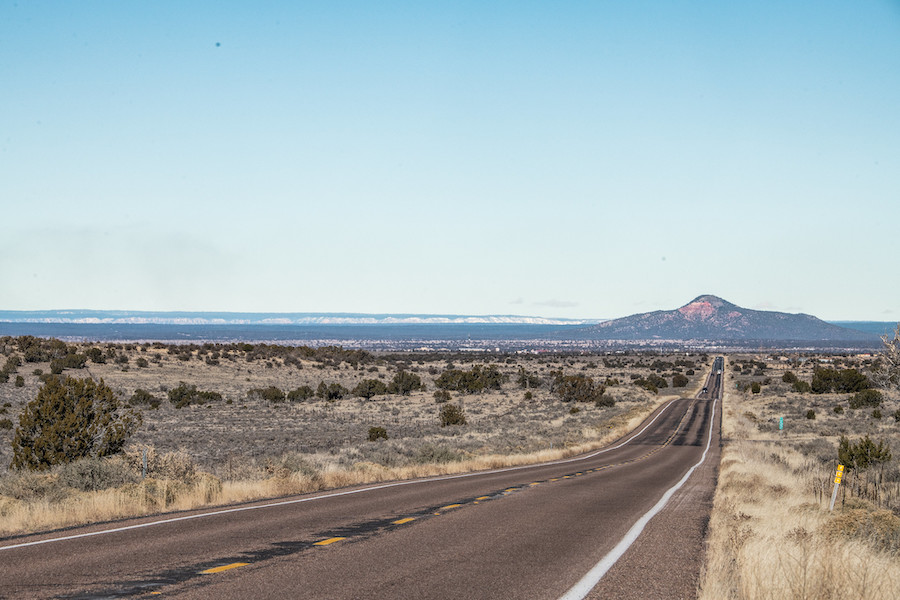 Looking down Highway 64 towards Red Butte Mountain and the Grand Canyon.